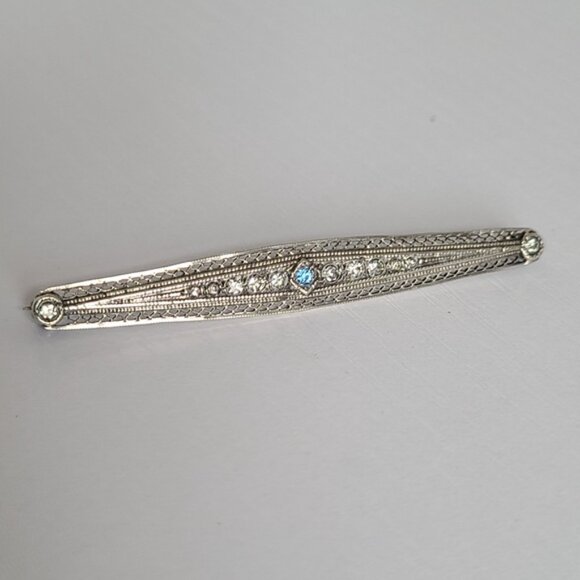 Vintage Slim Sterling Silver Pointer Blue White Crystal Bar Brooch - Picture 3 of 11